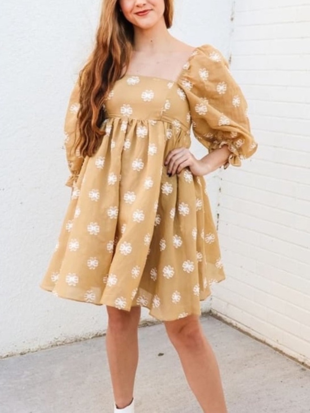 Storia Mustard Puff Sleeve Square Neck Mini Dress